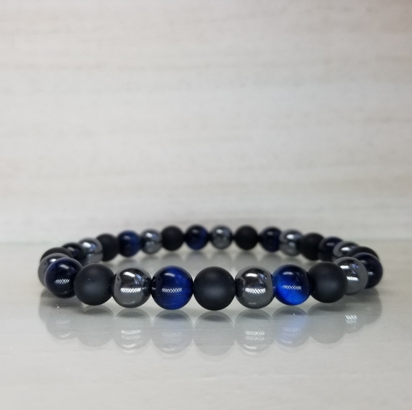 Blue Tiger Eye, Onyx & Hematite Stretch Bracelet - Picture 2 of 9